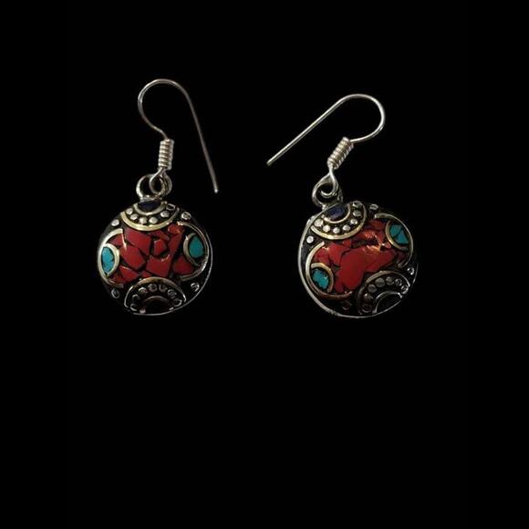 New Handmade Tibetan Earrings - Coral, Turquoise, and Tibetan Silver - Picture 2 of 5
